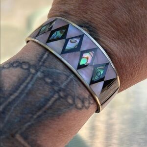 Vintage Alpaca Mexico Cuff Bracelet – Abalone & Mother of Pearl Inlay